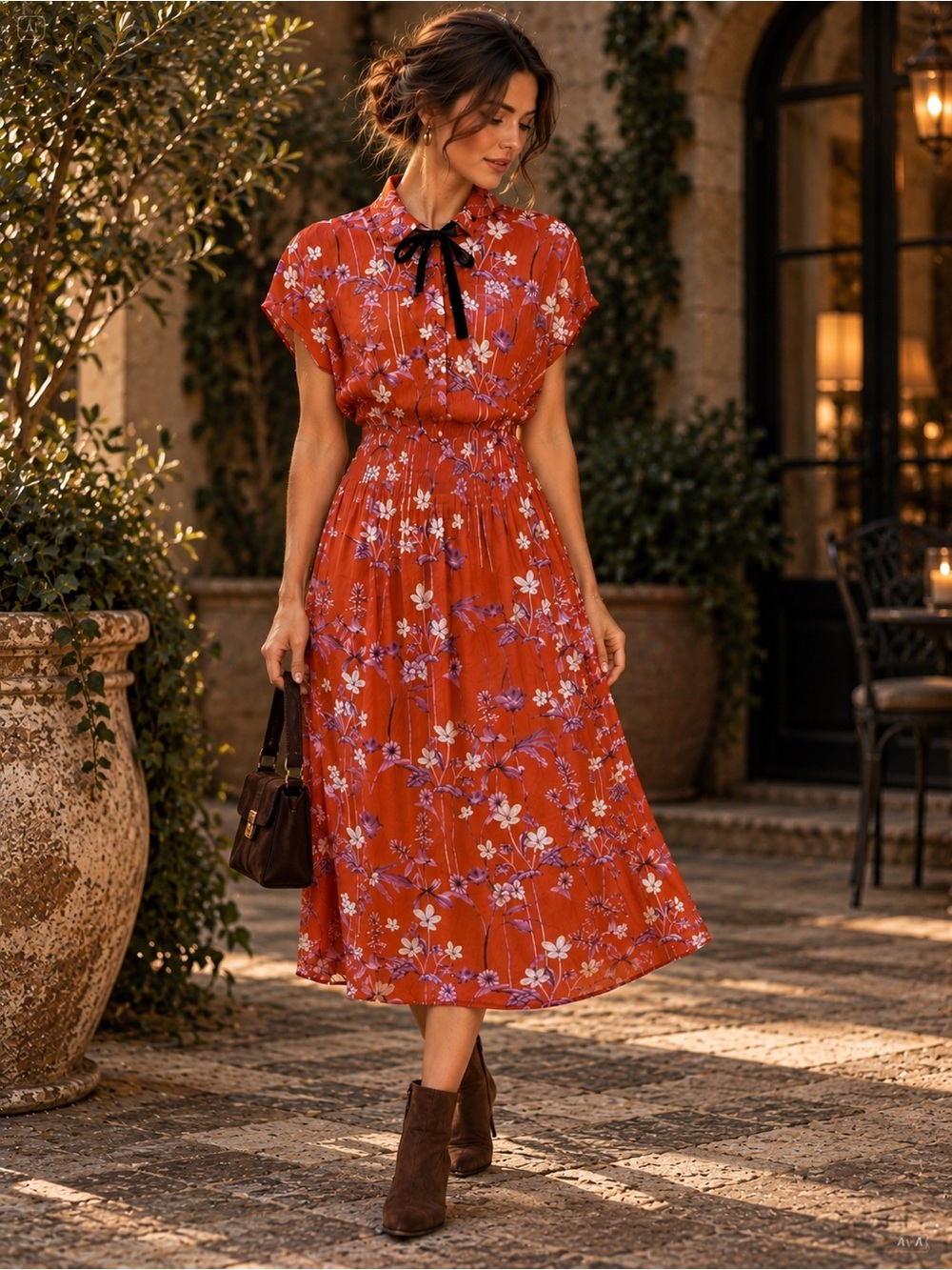 Corey Lynn Calter Clementine Floral Smocked Midi Dress Rust Orange XS